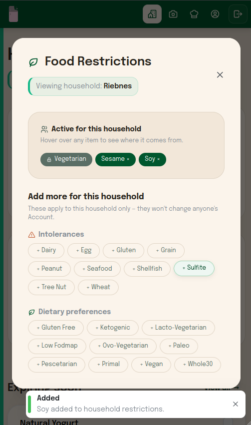 Food restrictions settings
